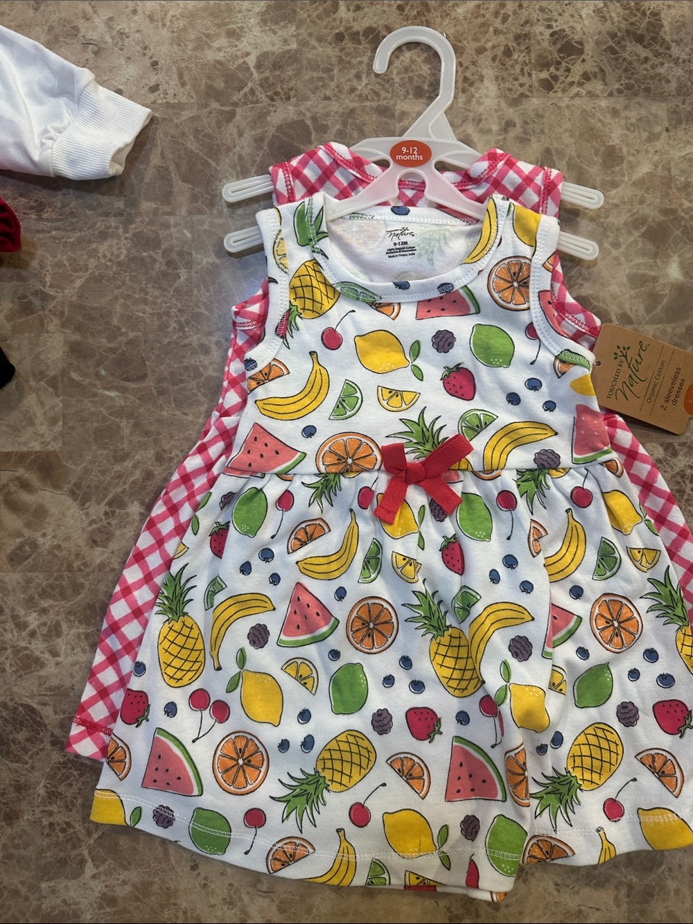 Sleeveless White Fruit-Print Dress with Red Bow for Baby Girls Organic Cotton